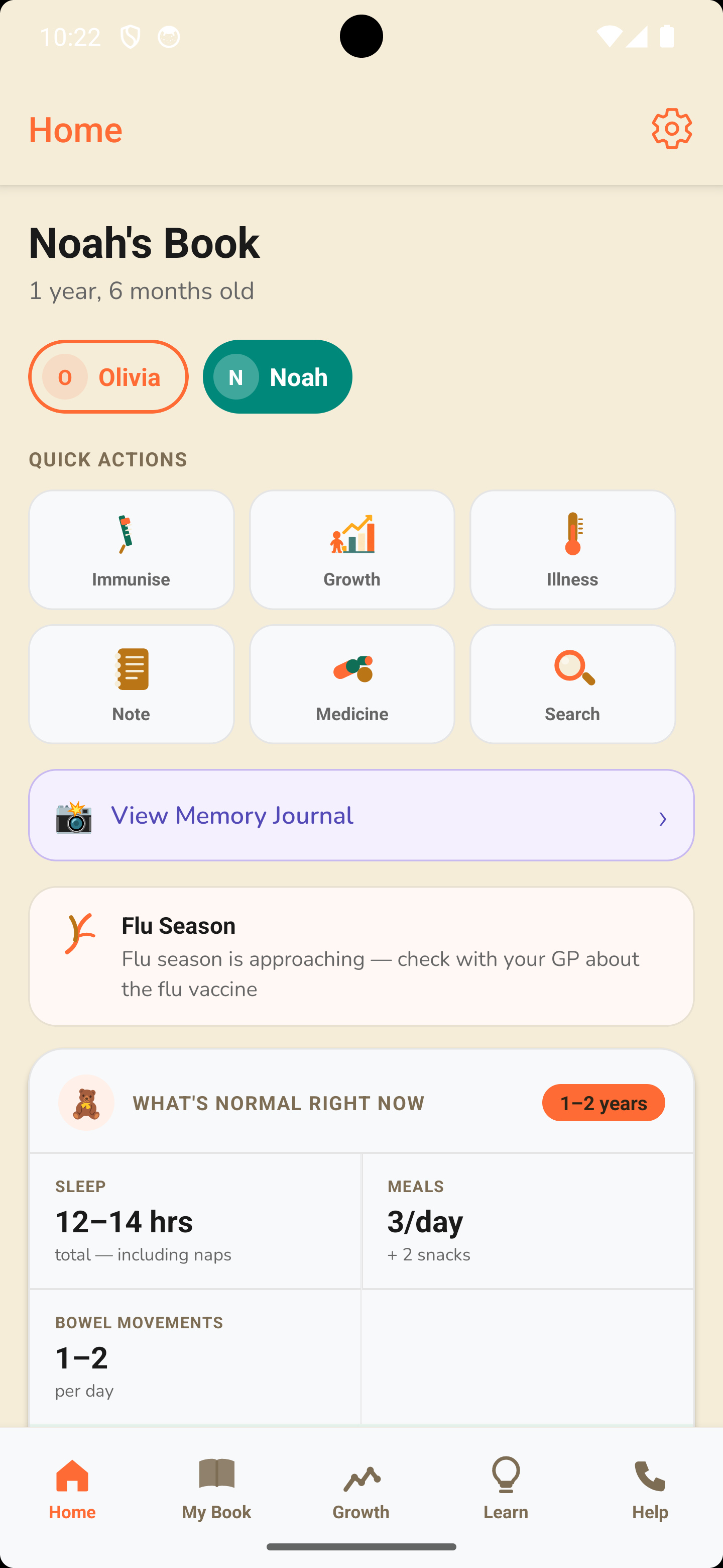 Caru home screen showing growth tracking, medicine timer, and quick actions