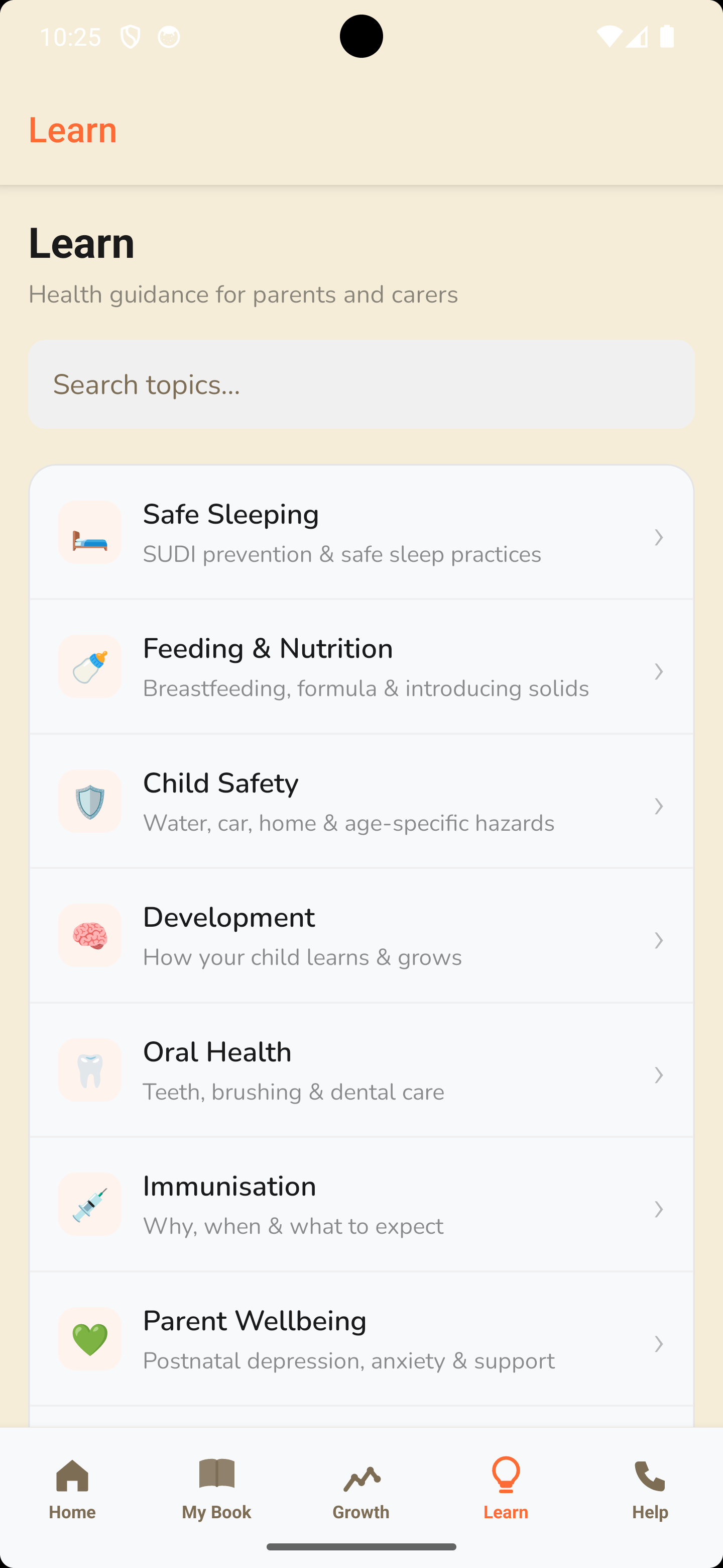 Learn section with health topics