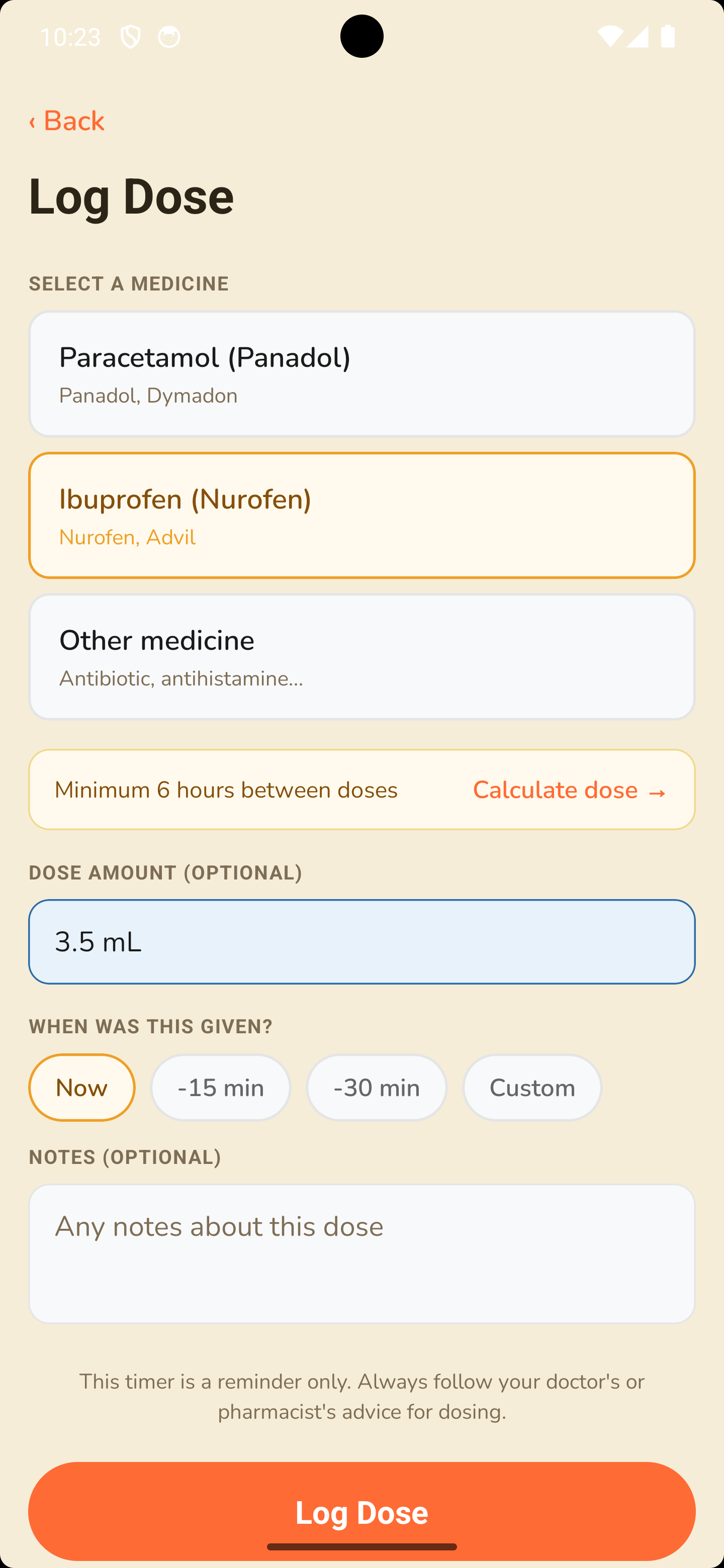 Medicine dose logging with countdown timer